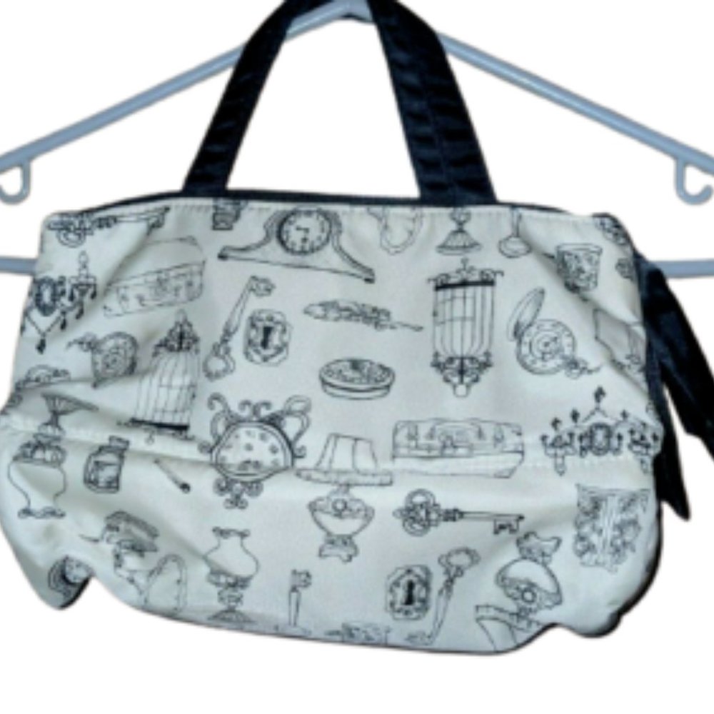 Black and White Roll Up Travel Cosmetics Bag with French Shabby Chic Style Print